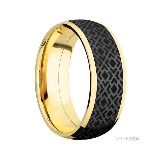 8 mm wide/Domed/14K Yellow Gold band with one 6 mm Centered inlay of Zirconium with a laser carved Trellis 2 pattern.
