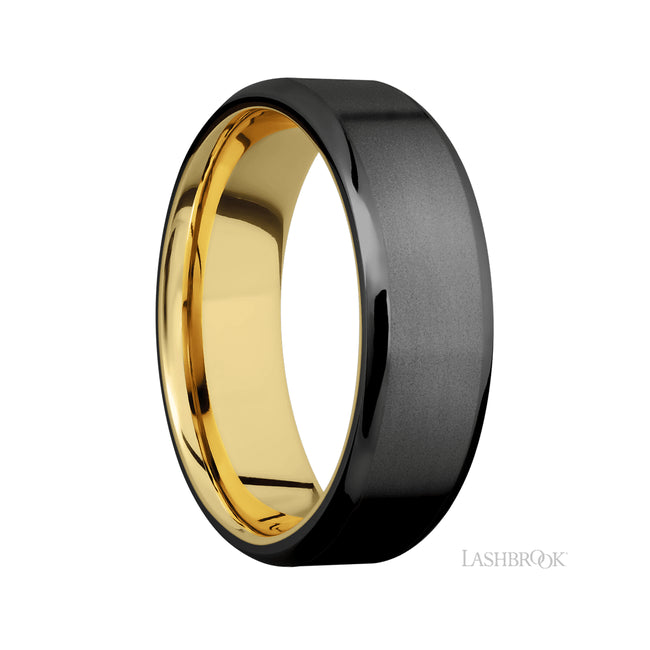 7 mm wide Beveled Zirconium band featuring a 14K Yellow Gold sleeve.