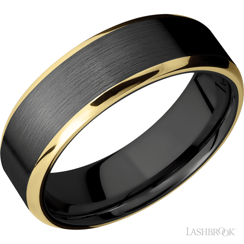 7 mm wide/Beveled/Zirconium band with two 1 mm Edge inlays of 14K Yellow Gold.