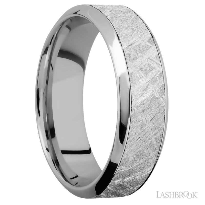 7 mm wide/High Bevel/18K White Gold band with one 4 mm Centered inlay of Meteorite.
