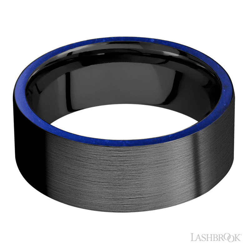8 mm wide/Flat/Zirconium band with two 1 mm Side inlays of Lapis.
