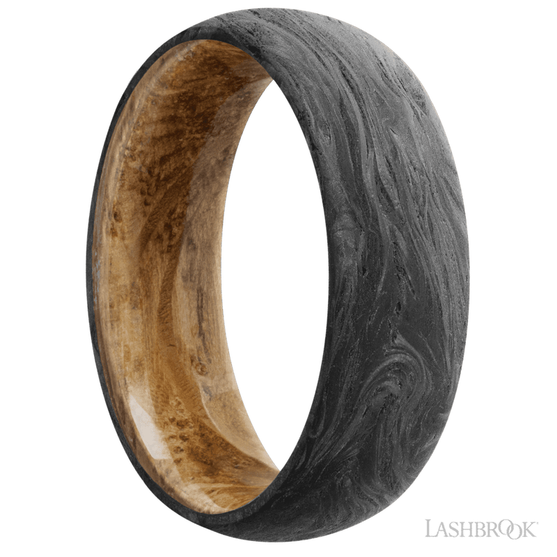 7 mm wide Domed Forged Carbon Fiber band featuring a Whiskey Barrel sleeve.