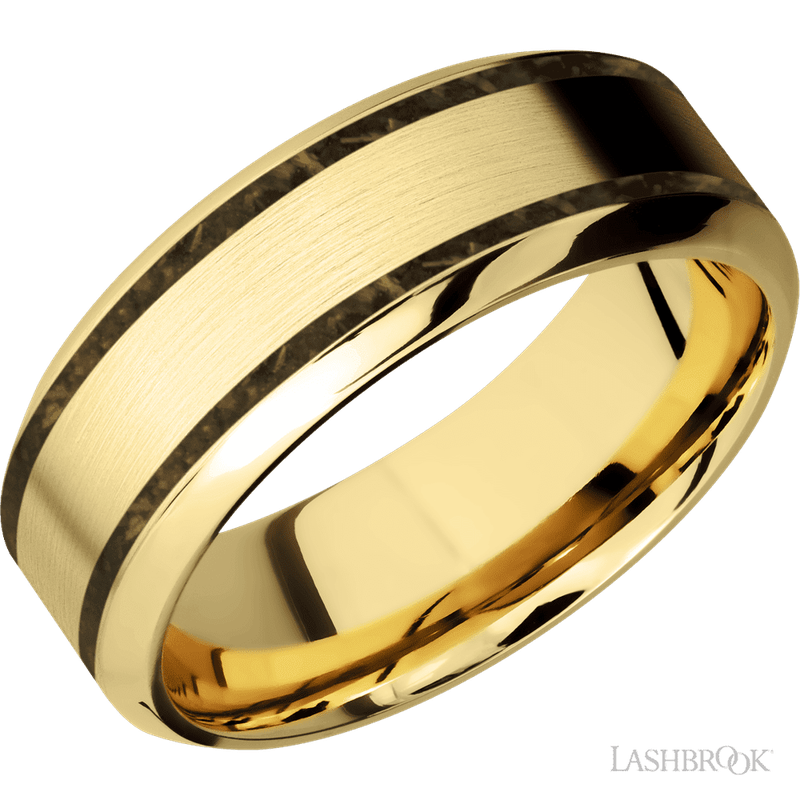 8 mm wide/High Bevel/14K Yellow Gold band with two 1 mm Wide inlays of Gold Tiger Eye.