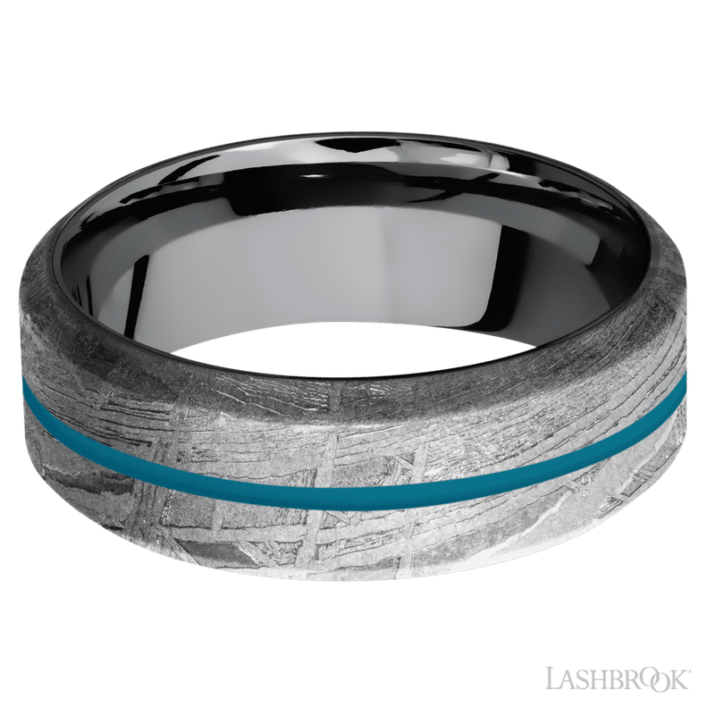 8 mm wide/High Bevel/Meteorite band with one 1 mm Centered inlay of Sea Blue also featuring a Tantalum sleeve.