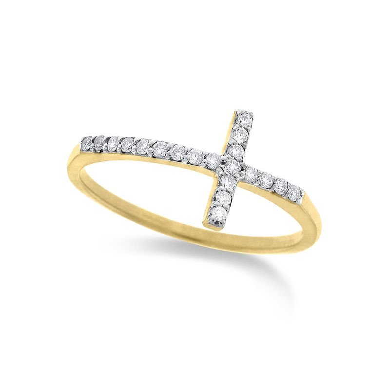 Diamond Small Side Cross Ring in 14k Yellow Gold with 20 Diamonds weighing .12ct tw.
