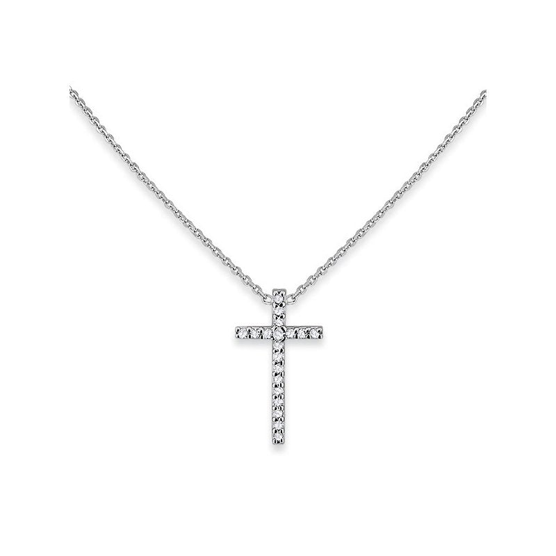 Diamond Cross Necklace in 14k White Gold with 18 Diamonds weighing .07ct tw.
