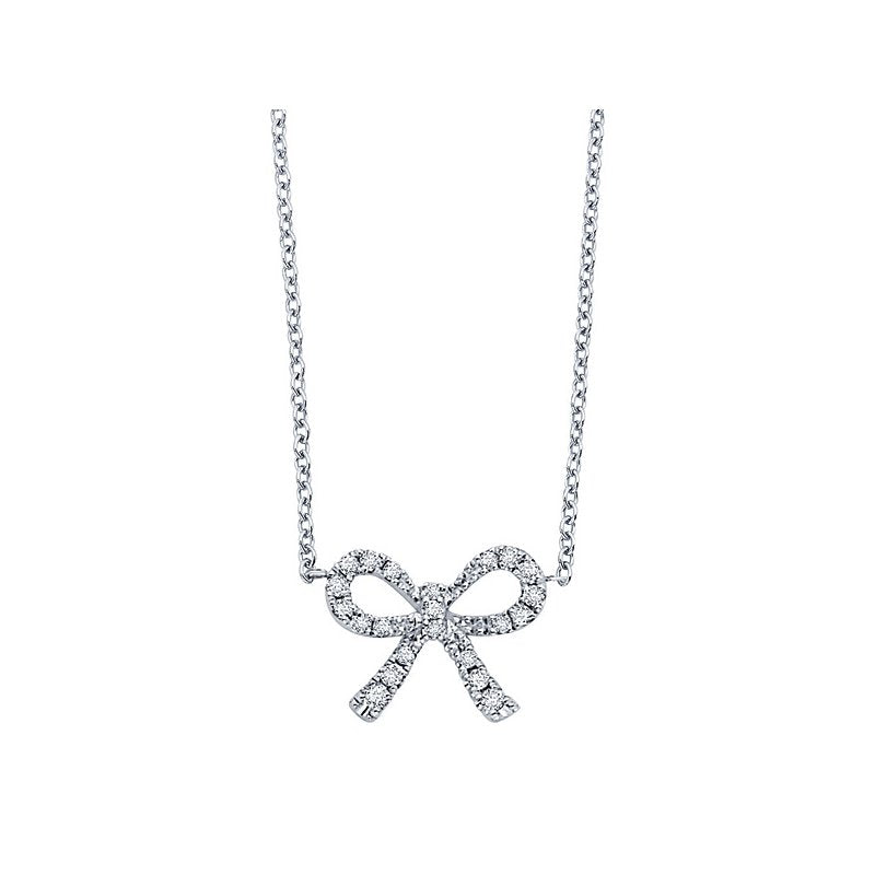 Diamond Mini Bow Necklace in 14k White Gold with 22 Diamonds weighing .10ct tw.