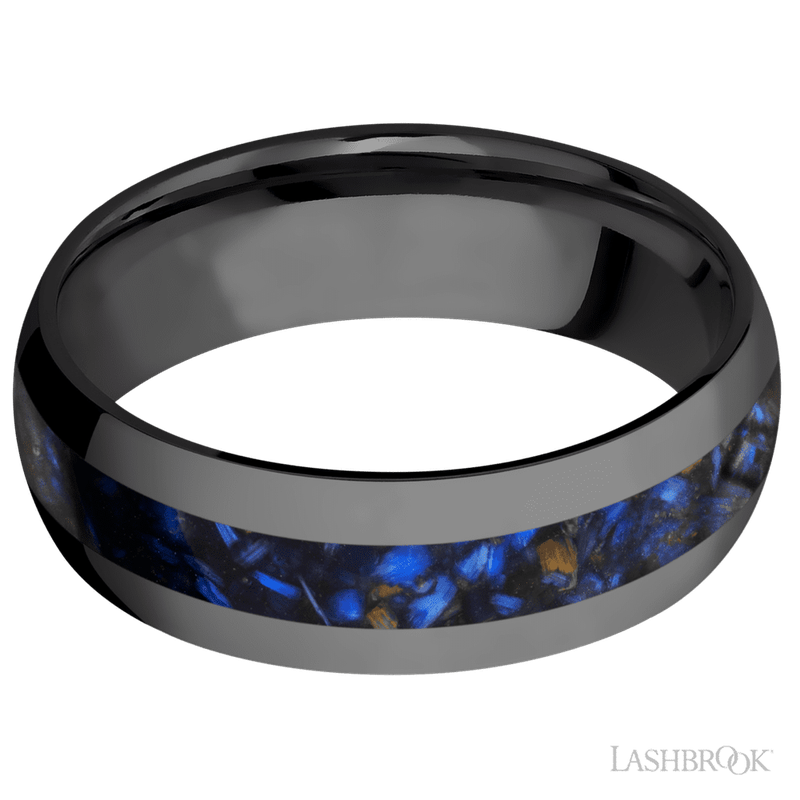 7 mm wide/Domed/Zirconium band with one 3 mm Centered inlay of Blue Tiger Eye.