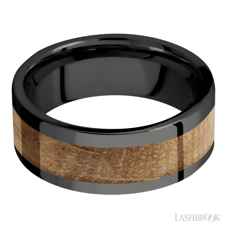 8 mm wide/Flat/Zirconium band with one 5 mm Centered inlay of Whiskey Barrel.