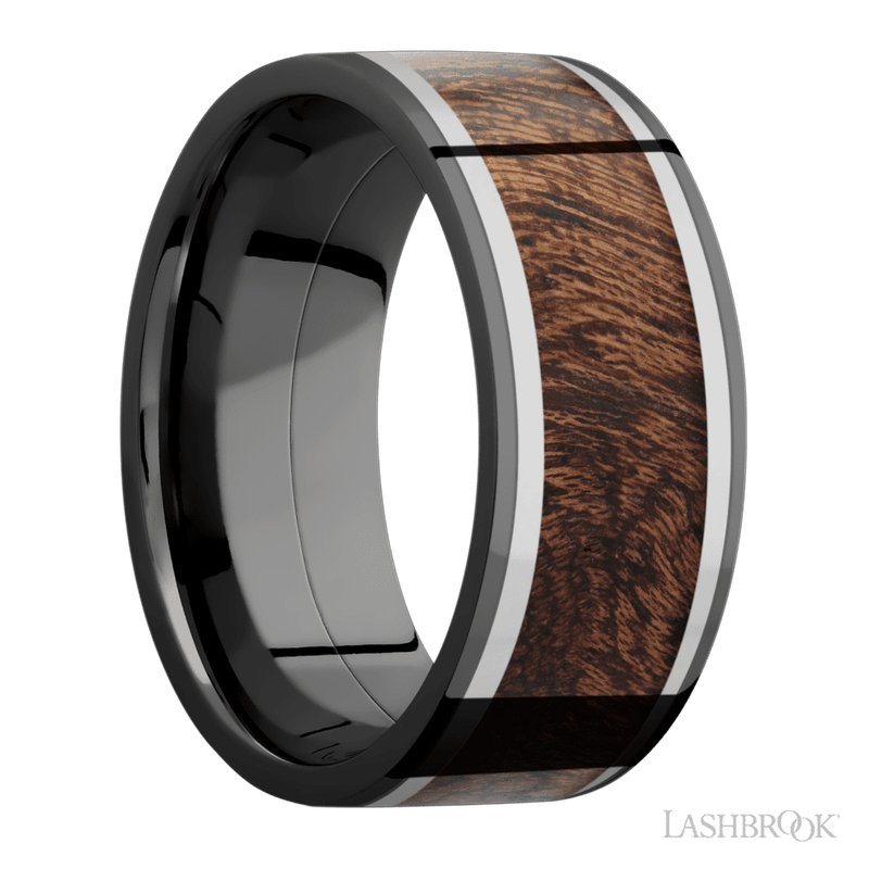 9 mm wide/Flat/Zirconium band featuring inlays of Titanium and Sapele.