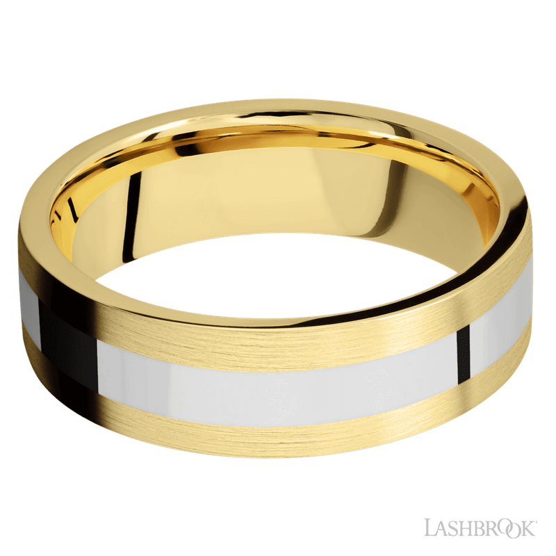 7 mm wide/Flat/14K Yellow Gold band with one 3 mm Centered inlay of 14K White Gold.