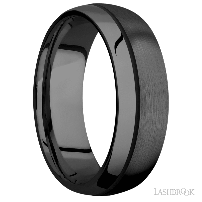 7 mm wide/Domed/Zirconium band with one 0.5 mm Off Center inlay of Black.