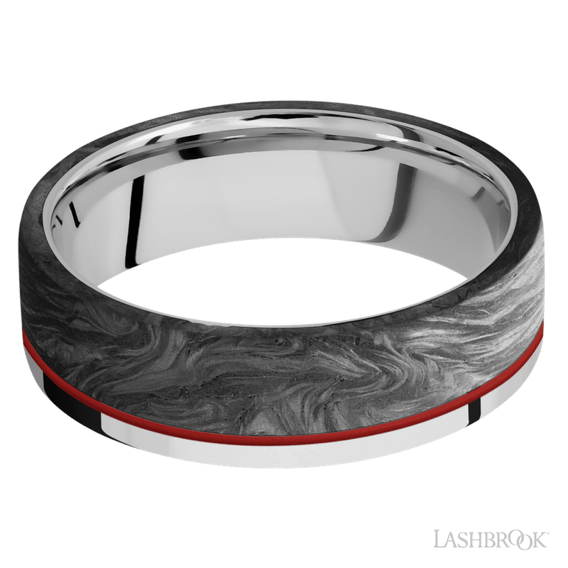 7 mm wide/Flat/Cobalt Chrome band with one 5 mm Off Center Edge inlay of Forged Carbon Fiber.