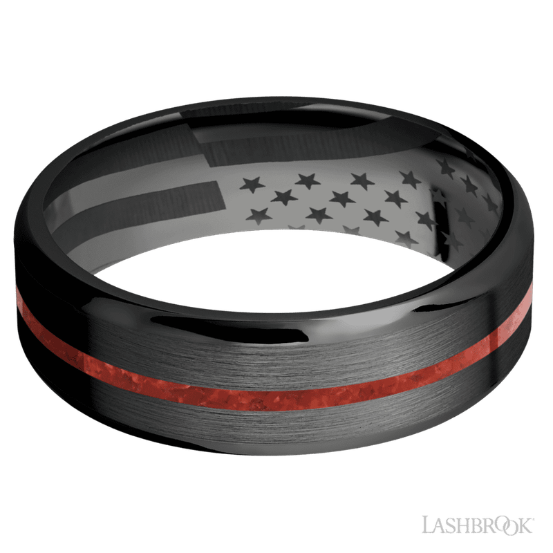 7 mm wide/Beveled/Zirconium band with one 1 mm Centered inlay of Coral.