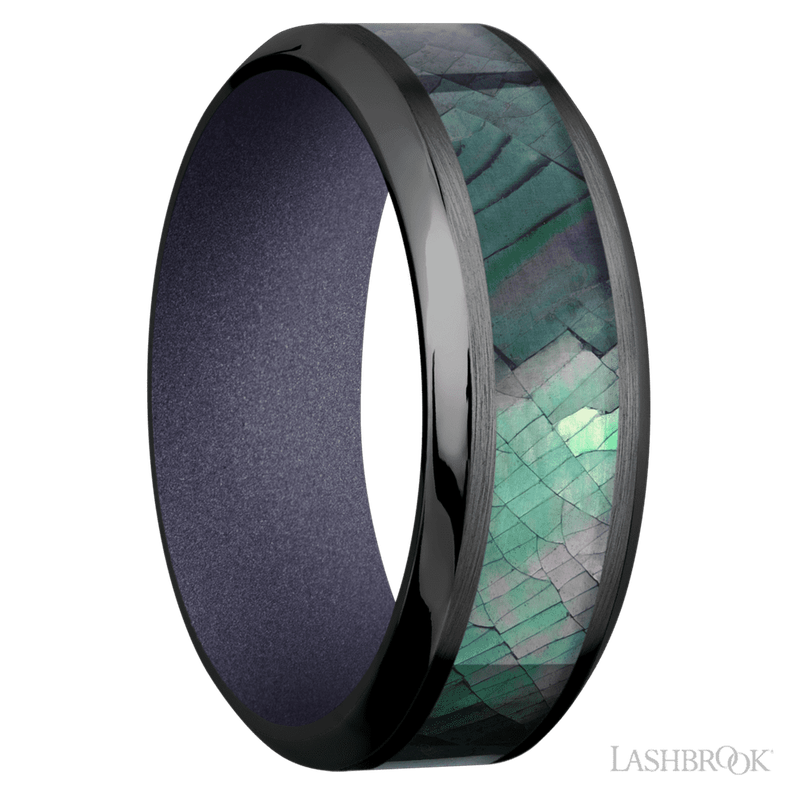 8 mm wide/High Bevel/Zirconium band with one 4 mm Centered inlay of Black Mother of Pearl also featuring a Crushed Orchid sleeve.