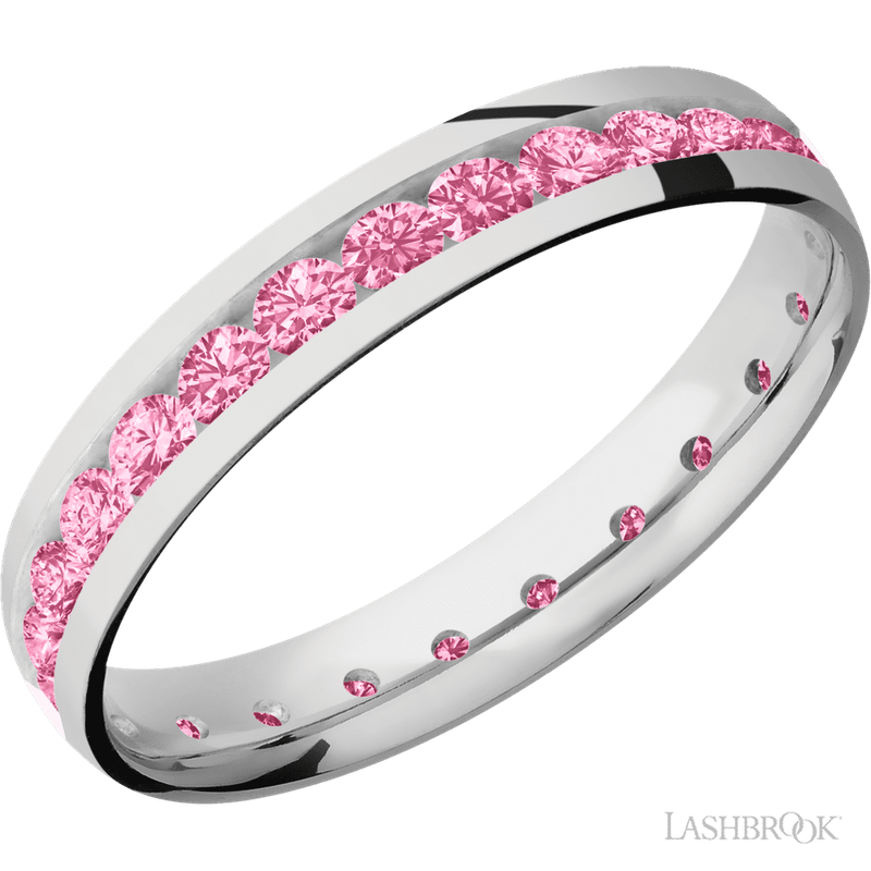 4 mm wide/Domed/Cobalt Chrome band with an Eternity arrangement of .07 carat Round Lab Dark Pink Diamond stones in a Channel setting.
