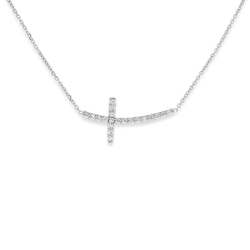 Diamond Curved Sideways Cross Necklace in 14k White Gold with 20 Diamonds weighing .20ct tw.