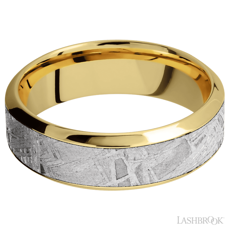 7 mm wide/High Bevel/18K Yellow Gold band with one 4 mm Centered inlay of Meteorite.