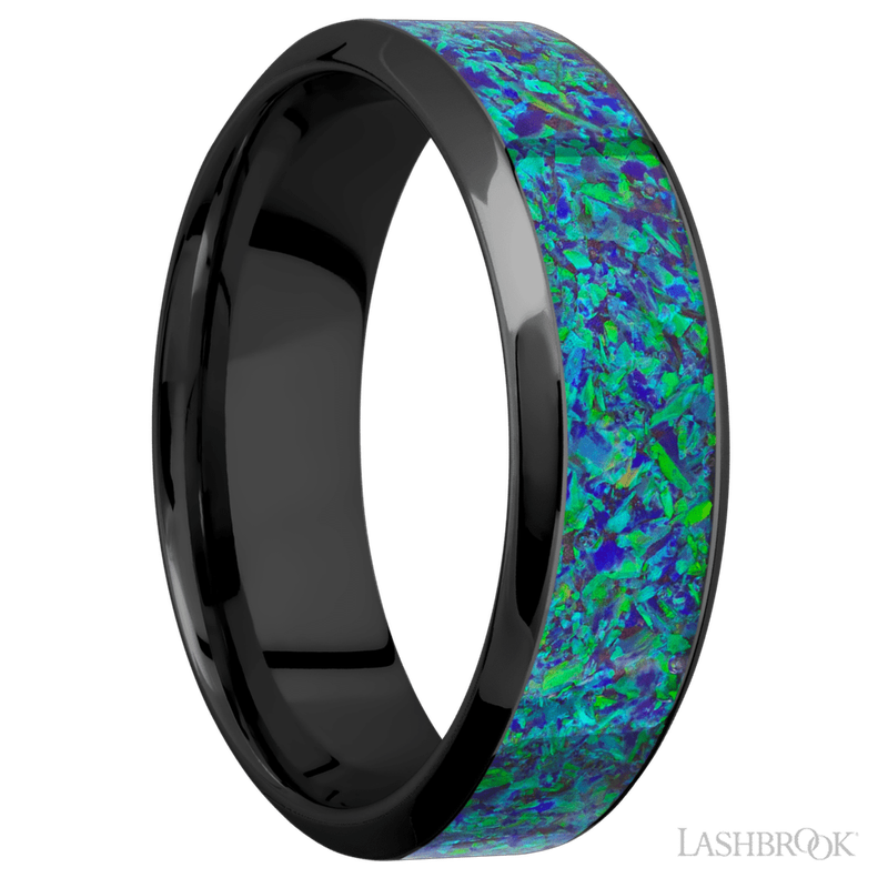 7 mm wide/High Bevel/Zirconium band with one 4 mm Centered inlay of Green Opal.