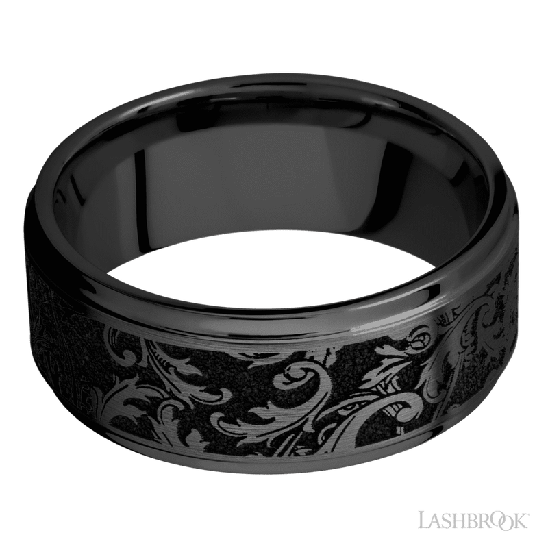 9 mm wide/Flat Grooved Edges/Zirconium band with a laser carved Black Leaf pattern.