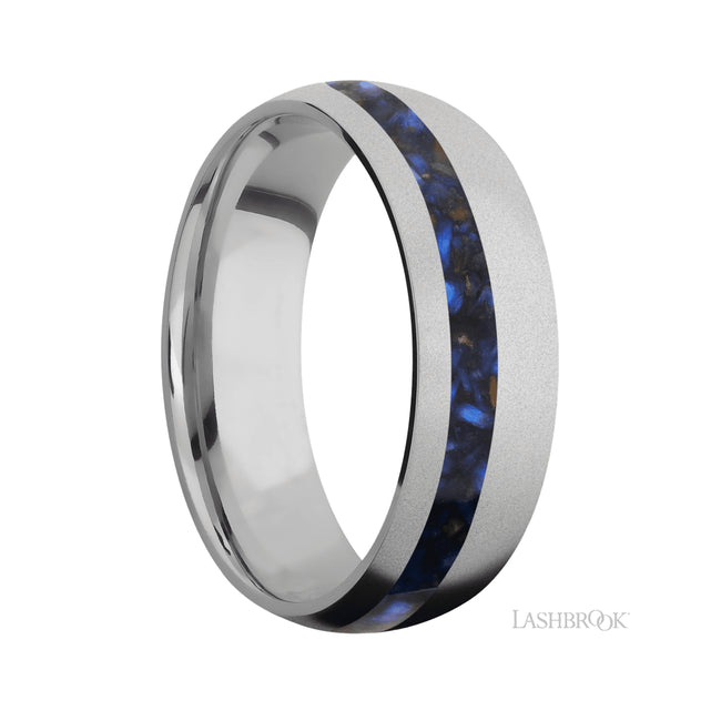 7 mm wide/Domed/Titanium band with one 2 mm Off Center inlay of Blue Tiger Eye.