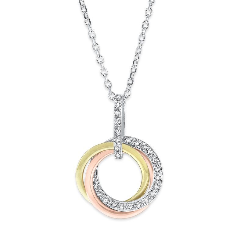 Diamond Triple Circle Necklace in 14K White, Rose and Yellow Gold with 32 Diamonds Weighing .08ct tw