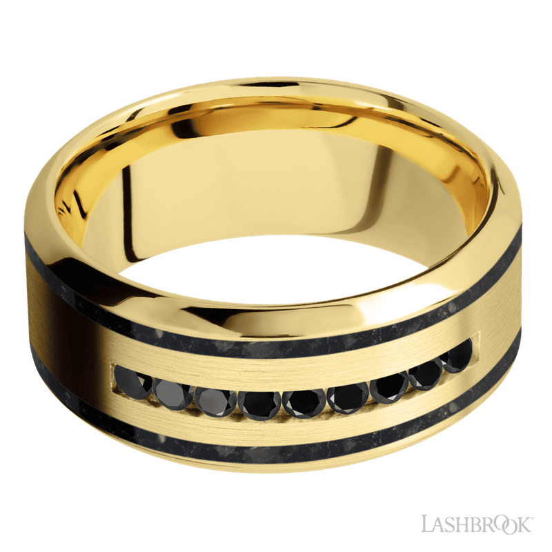9 mm wide/High Bevel/14K Yellow Gold band with two 1 mm Wide inlays of Black Onyx and featuring an arrangement of 9, .03 carat Round Black Diamond stones in a Channel setting