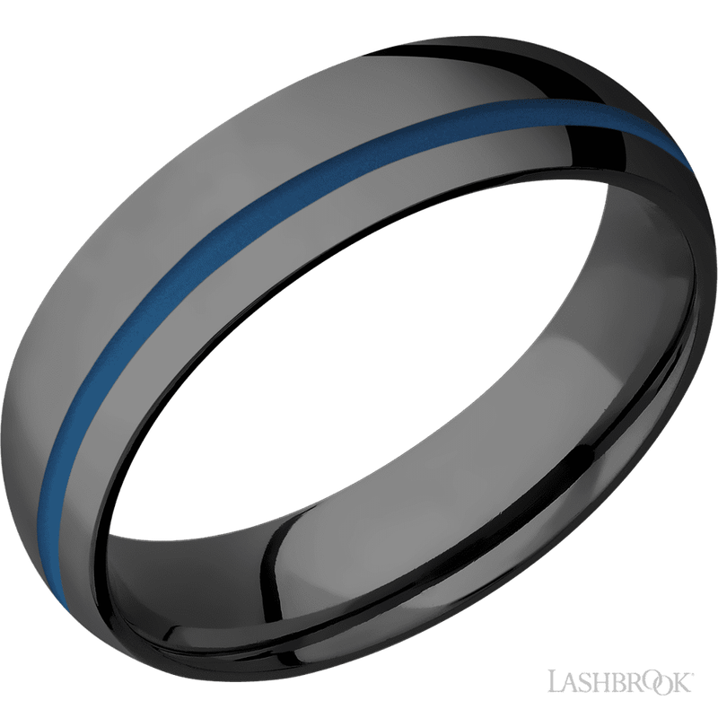 6 mm wide/Domed/Zirconium band with one 1 mm Off Center inlay of Ridgeway Blue.