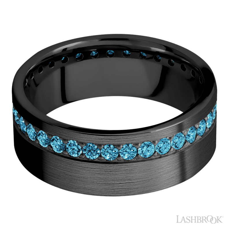 8 mm wide/Flat/Zirconium band with a Off Center Eternity arrangement of .03 carat Round Lab Blue Diamond stones in a Bead setting.