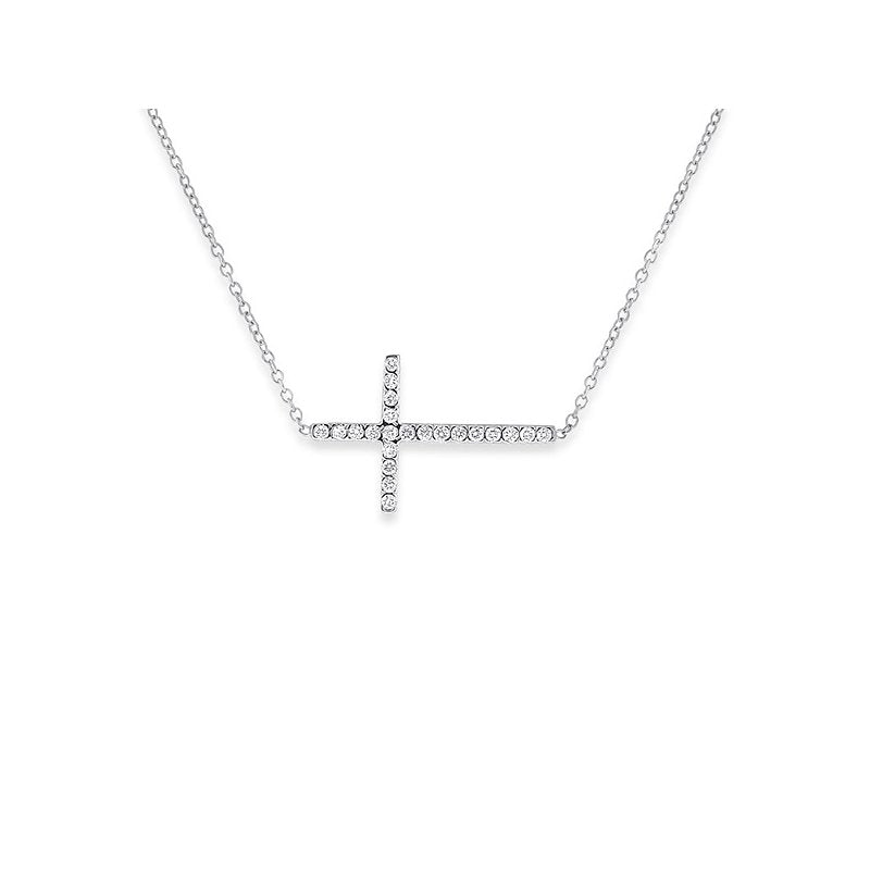 Diamond Sideways Cross Necklace in 14k White Gold with 22 Diamonds weighing .19ct tw.