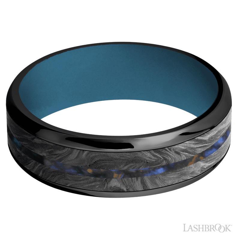 7 mm wide/Beveled/Zirconium band featuring inlays of Forged Carbon Fiber and Blue Tiger Eye also featuring a Royal Blue sleeve.