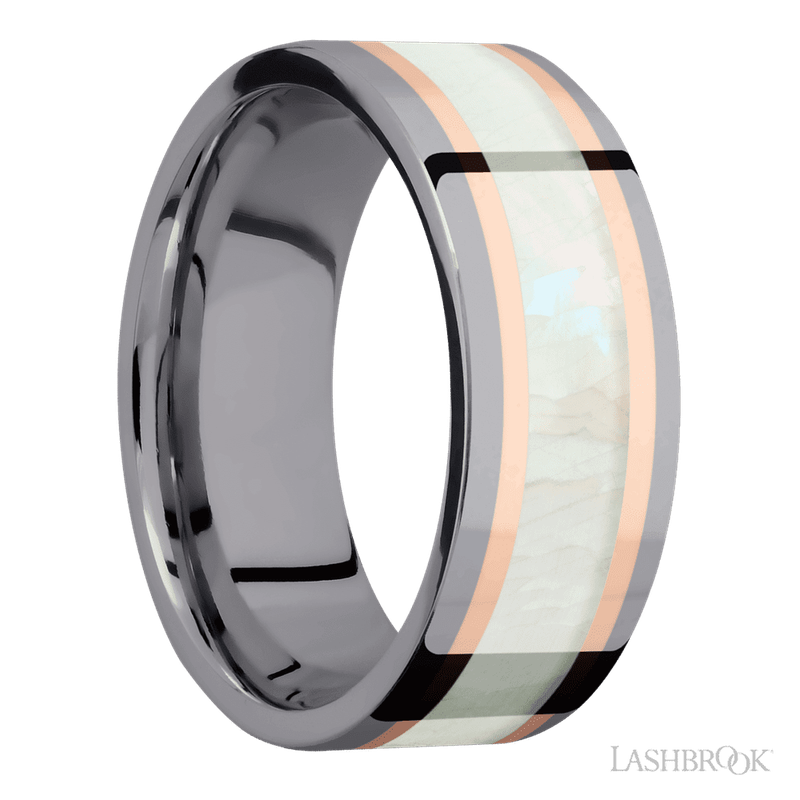 8 mm wide/Flat/Tantalum band featuring inlays of 14K Rose Gold and Freshwater Mother of Pearl.