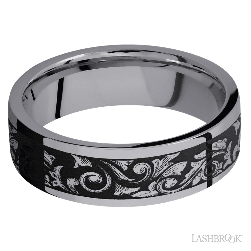 7 mm wide/Flat/Tantalum band with a laser carved Western Scroll pattern.