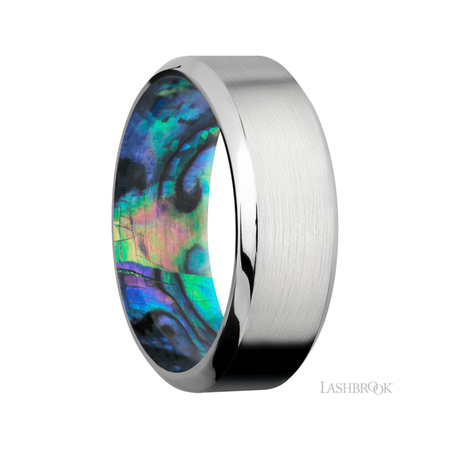 8 mm wide High Bevel Cobalt Chrome band featuring a Abalone sleeve.
