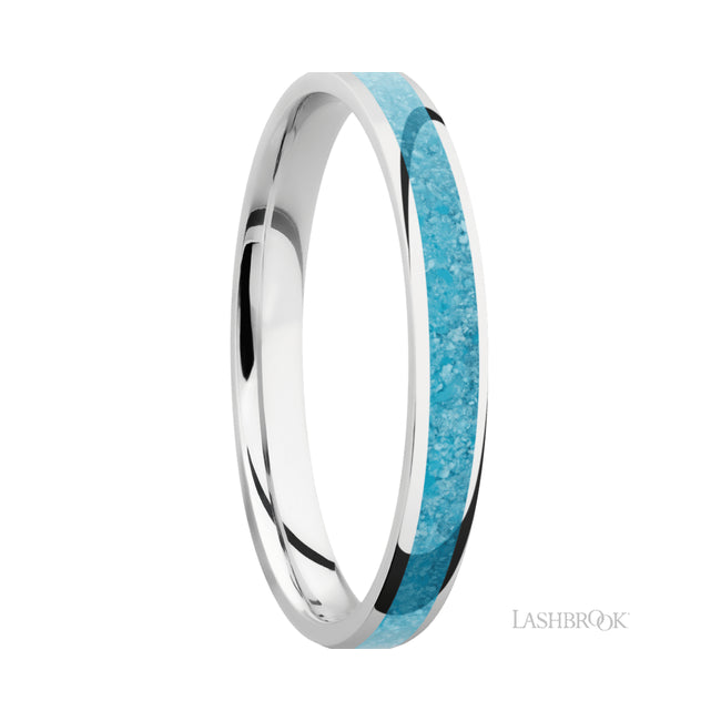 3 mm wide/Domed/Cobalt Chrome band with one 2 mm Centered inlay of Turquoise.