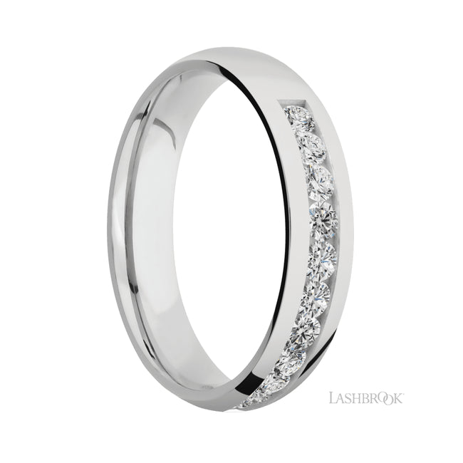 5 mm wide/Domed/Cobalt Chrome band with a Half Eternity arrangement of .07 carat Round Diamond stones in a Channel setting.