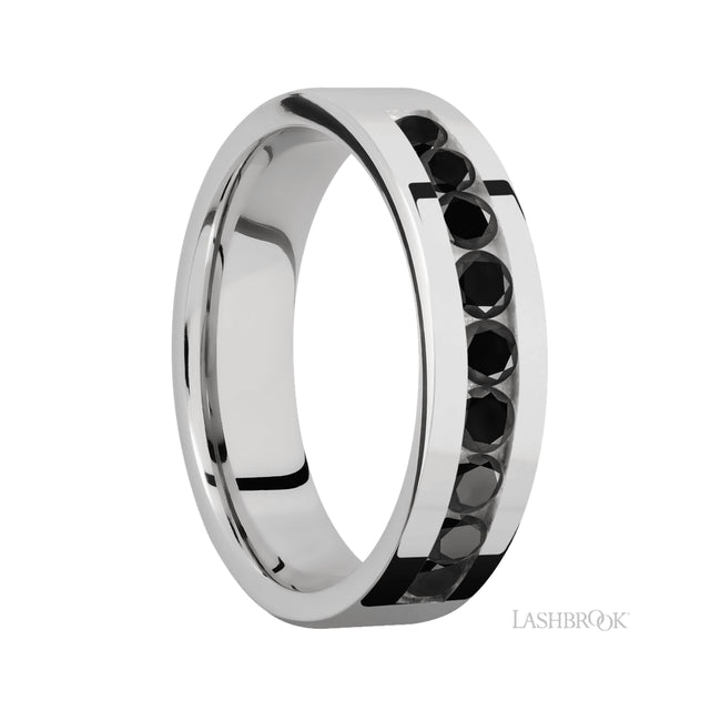 6 mm wide/Flat/Cobalt Chrome band with an arrangement of 9, .1 carat Round Black Diamond stones in a Channel setting.