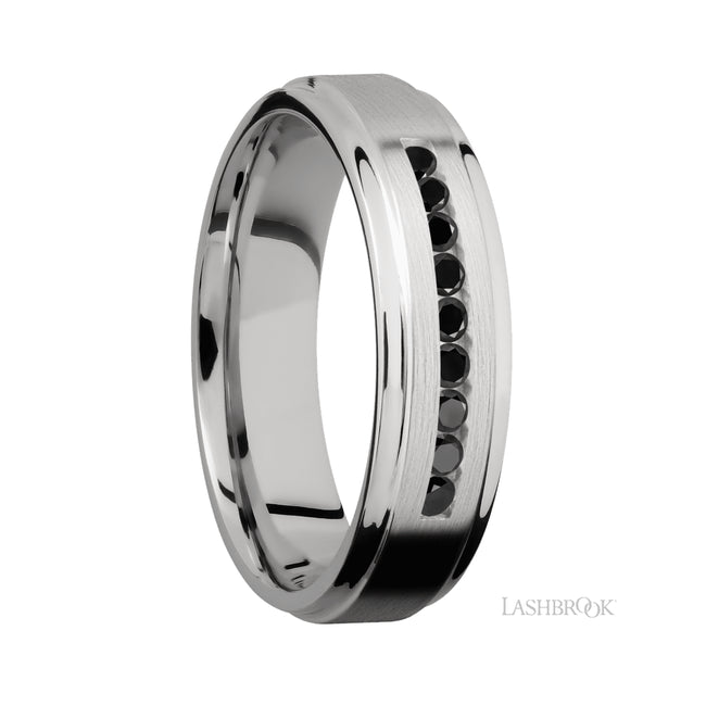 6 mm wide/Flat Grooved Edges/Cobalt Chrome band with an arrangement of 9, .03 carat Round Black Diamond stones in a Channel setting.