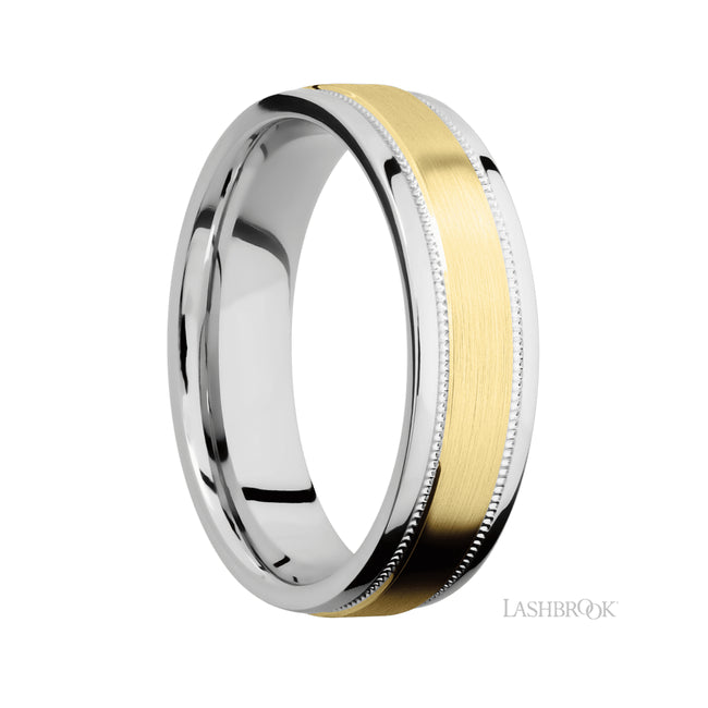 6 mm wide/Flat Stepped Edges Milgrain/Cobalt Chrome band with one 3 mm Raised Centered inlay of 14K Yellow Gold.
