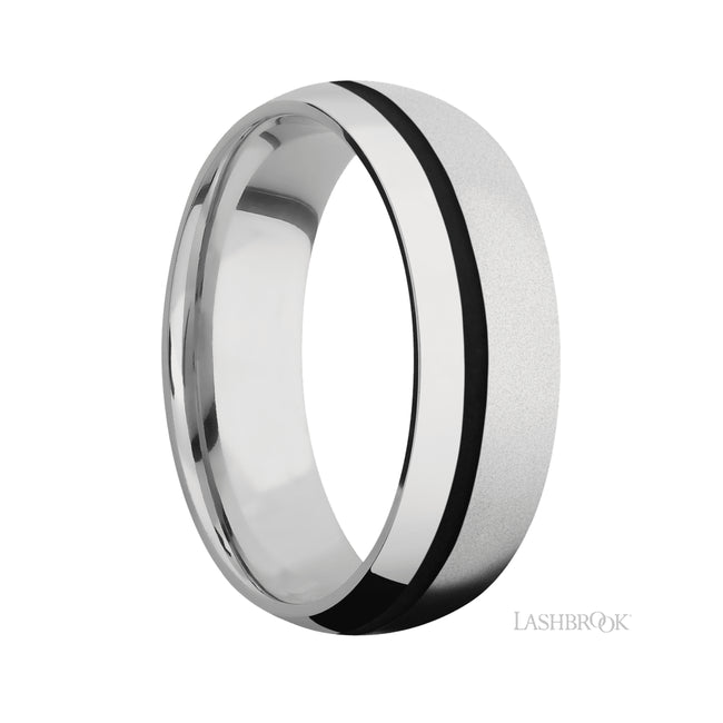 7 mm wide/Domed/Cobalt Chrome band with one 1 mm Off Center inlay of Black.