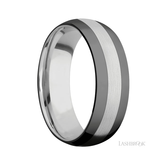 7 mm wide/Domed/Cobalt Chrome band with two 2 mm Double Off Center Edge inlays of Zirconium.