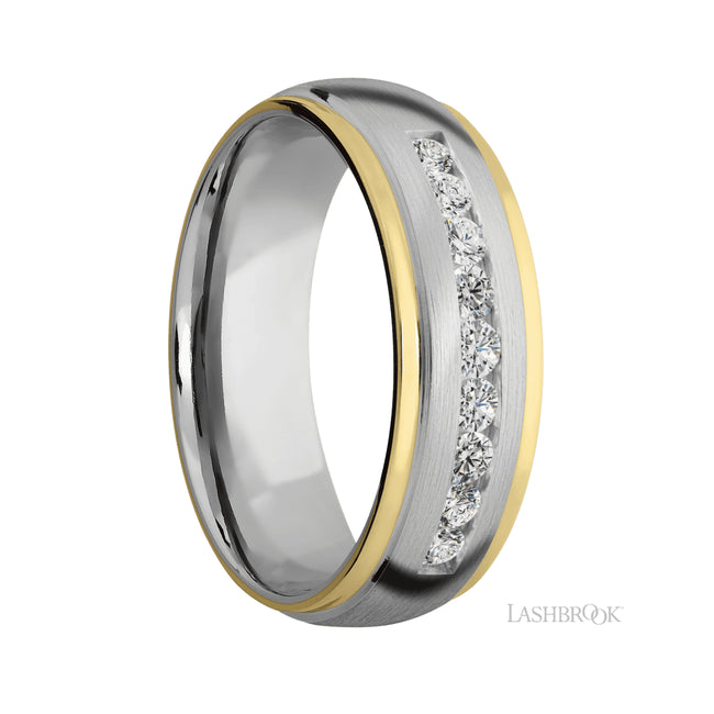 7 mm wide/Domed Stepped Down Edges/Cobalt Chrome band with an arrangement of 9, .05 carat Round Lab Grown Diamond stones in a Channel setting and featuring two 1 mm Edge inlays of 14K Yellow Gold
