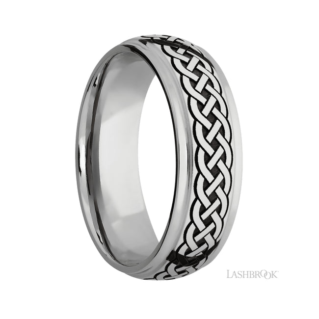 7 mm wide/Domed Stepped Down Edges/Cobalt Chrome band with a laser carved Celtic 9 pattern.