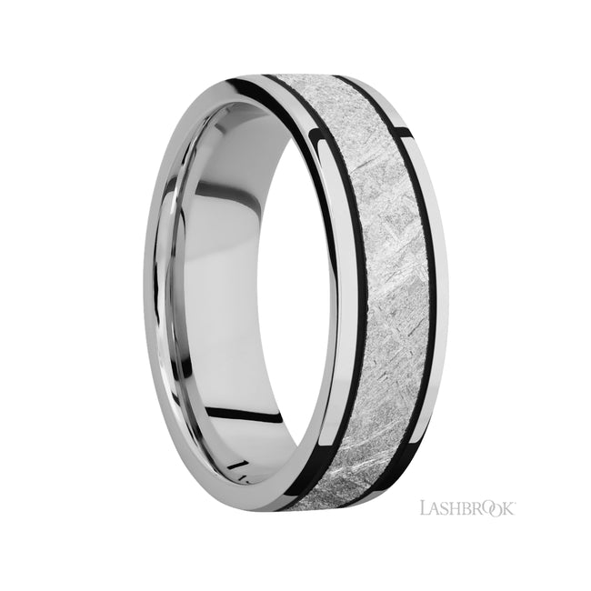 7 mm wide/Flat/Cobalt Chrome band with one 4 mm Centered inlay of Meteorite.