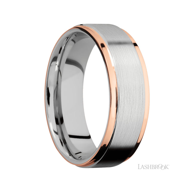 7 mm wide/Flat Grooved Edges/Cobalt Chrome band with two 1 mm Edge inlays of 14K Rose Gold.