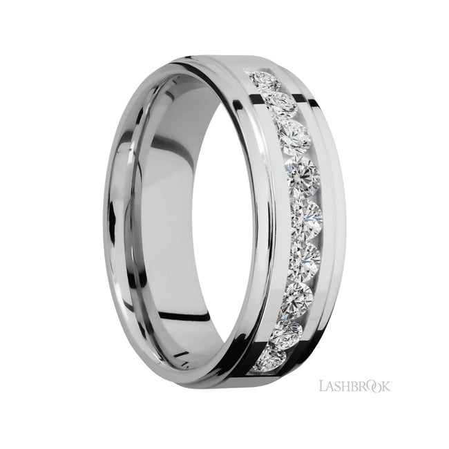 7 mm wide/Flat Grooved Edges/Cobalt Chrome band with an arrangement of 9, .1 carat Round Diamond stones in a Channel setting.