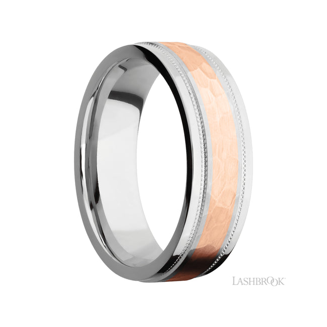 7 mm wide/Flat Stepped Edges Milgrain/Cobalt Chrome band with one 3 mm Centered inlay of 14K Rose Gold.