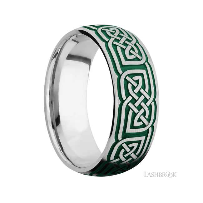 8 mm wide/Domed/Cobalt Chrome band with a laser carved Celtic 17 pattern.