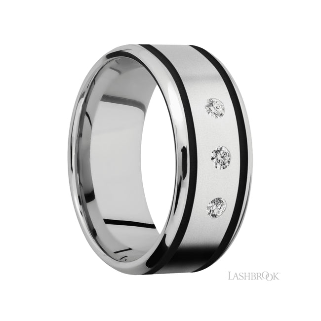 9 mm wide/Beveled/Cobalt Chrome band with two 1 mm Wide inlays of Black and featuring an arrangement of 3, .05 carat Round Diamond stones in a Flush setting