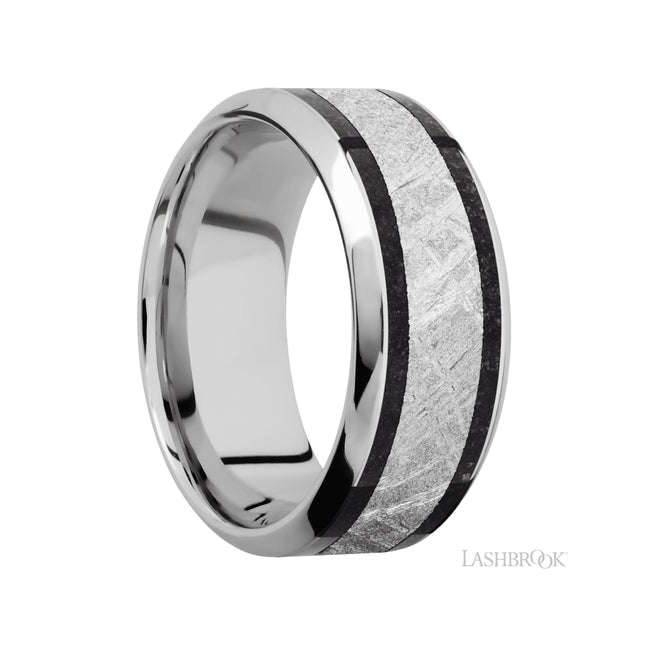 9 mm wide/High Bevel/Cobalt Chrome band featuring inlays of Dinosaur Bone Black and Meteorite.